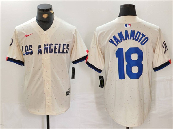 Brooklyn Dodgers #18 Yoshinobu Yamamoto Cream Stitched Jersey - Click Image to Close